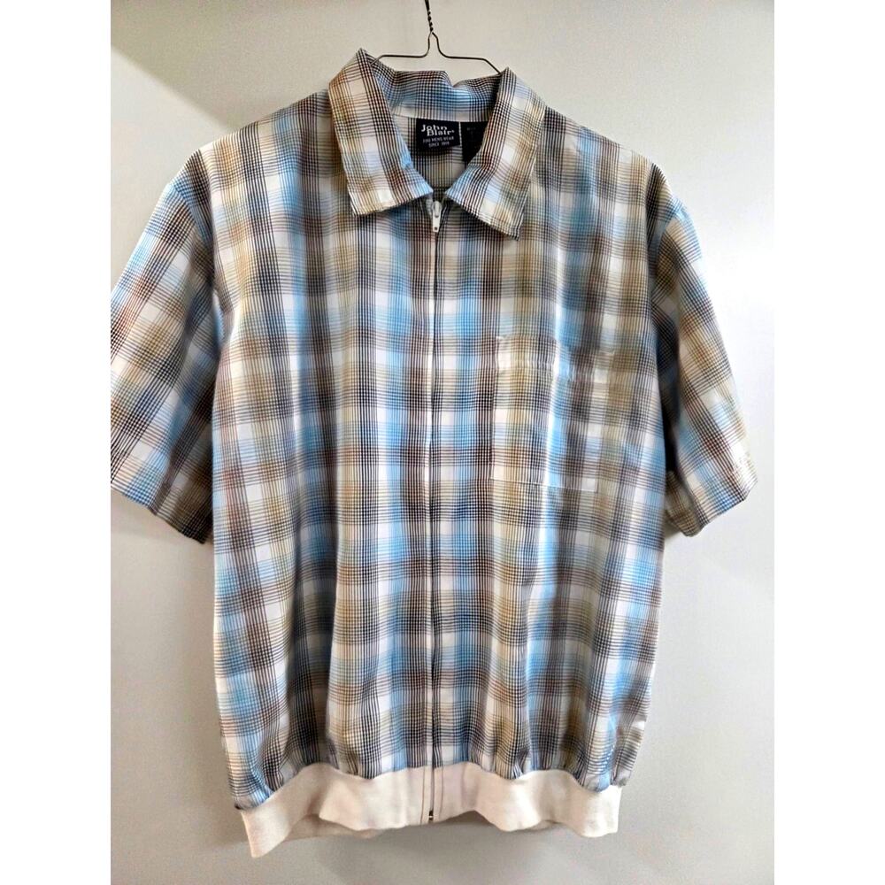 Vtg John Blair Full Zip, Banded, Short Sleeve.  Mens Sz. L; Plaid 1980s